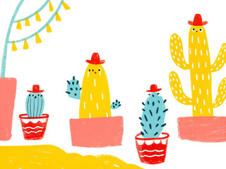A whimsical hand-drawn cactus garden with anthropomorphic succulents wearing tiny hats Transparent Background