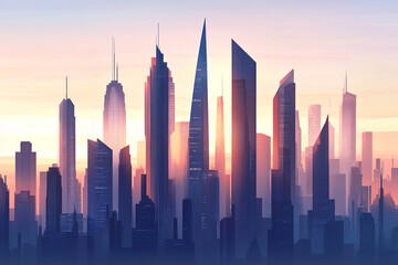 Obraz premium Skyscrapers Tower Against Sunset in a Modern City Skyline Showcasing Architectural Innovation