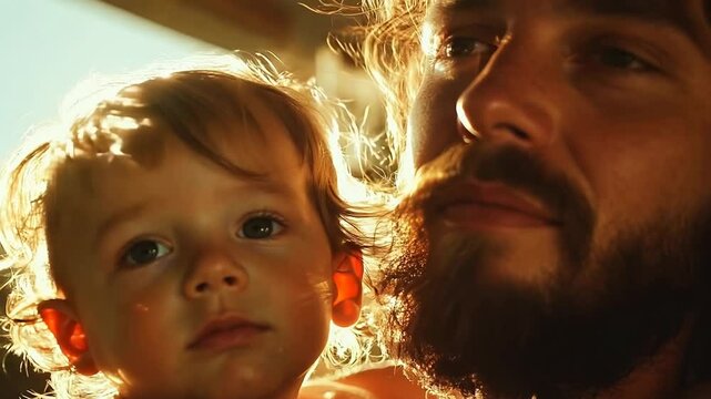 Father and child share a moment of love against soft sunlight  