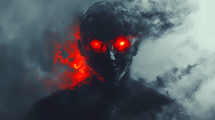 Mysterious figure with glowing red eyes, abstract, dark ambiance. Hushed Illusion. Illustration