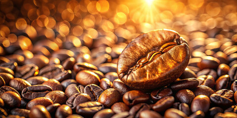 Obraz premium Roasted coffee beans are spread out, showcasing their rich color and shine under warm lighting. One bean is prominently featured, creating an inviting atmosphere perfect for coffee lovers
