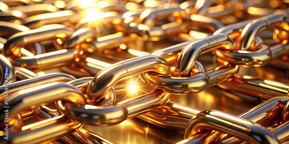 Poster bright golden chains are artistically intertwined over a polished surface, reflecting light beautifu