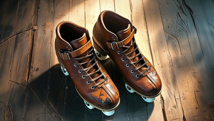 Brown roller skates adorned with vintage-inspired metal buckles and laces on wooden background with copy space for text