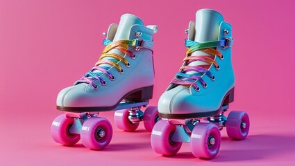 White roller skates with rainbow laces on pink background with copy space for text