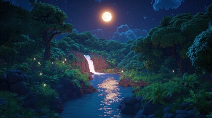 Moonlit serenity, A tranquil waterfall scene in a mystical night forest
