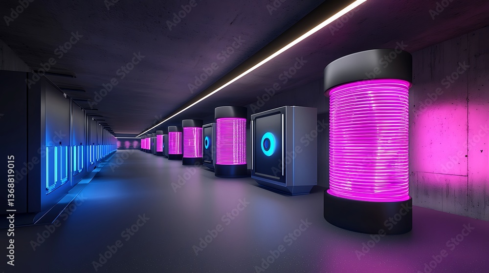 Poster futuristic server corridor with glowing containers. rows of advanced data storage units, illuminated
