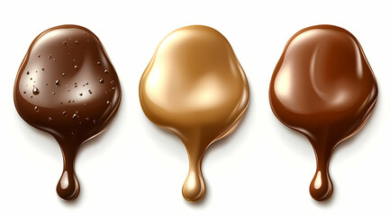 Obraz premium Three drops of sweet sauce in different colors: dark chocolate caramel and milk chocolate Food concept