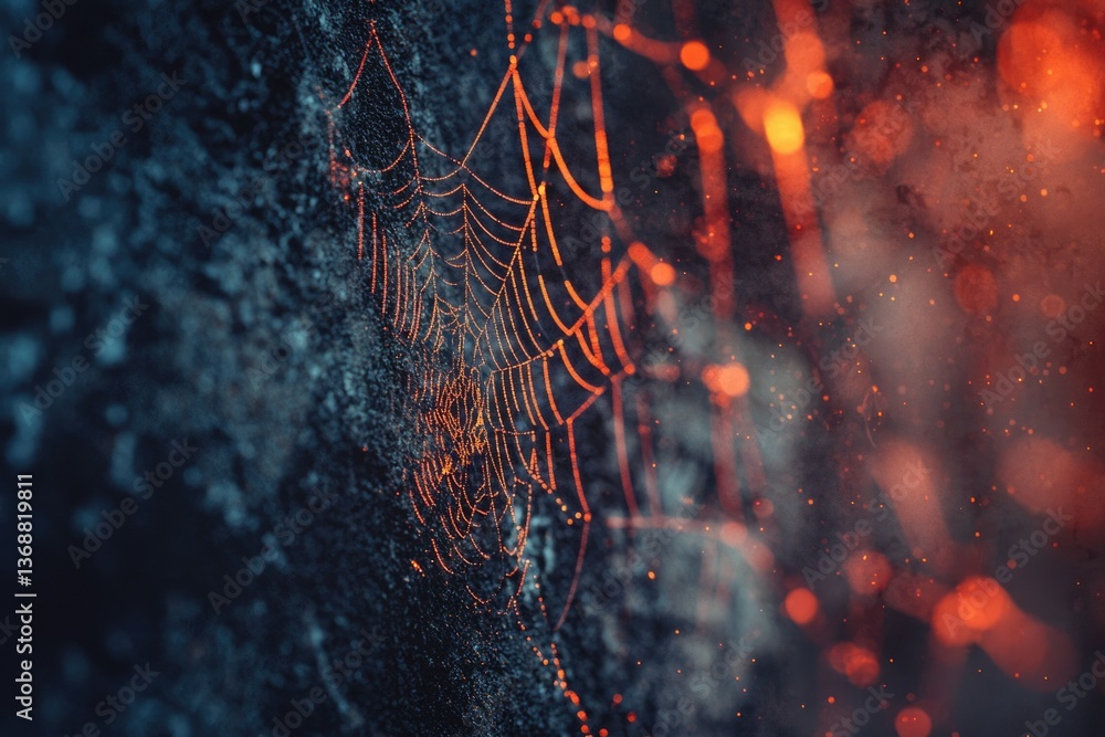Poster a spiderweb with orange glistening threads against a dark, textured background with bokeh lights and
