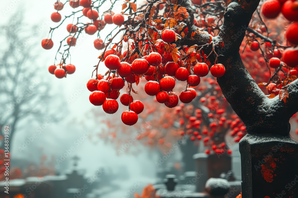 Poster tree with red apples hanging from it. the apples are ripe and ready to be picked. the image has a pe