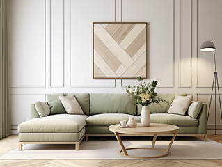 Modern living room interior with light color wainscotting wall panelling and interior decor and furniture in neutral and sage. Wall panels in modern living room with couch and large artwork