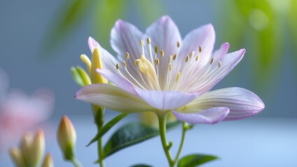 Fototapeta premium Delicate, macro shot of a pale pink and white flower with yellow center and buds