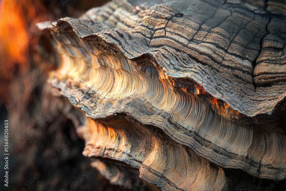 Poster close-up reveals fascinating patterns within decaying tree bark, illuminated by a warm, natural glow