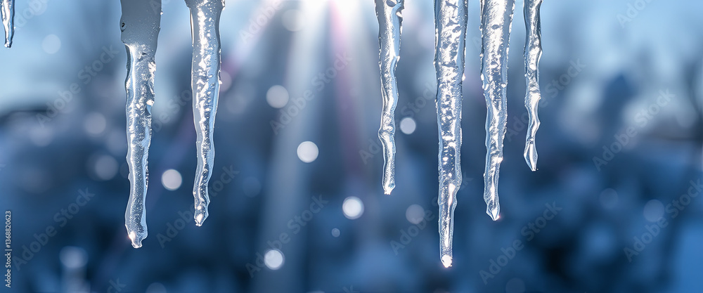 Poster dangling icicles catch sunlight in a frozen setting, creating a sparkling effect against a backdrop 