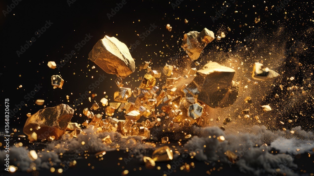 Poster an abstract composition showcasing golden objects floating against a black background. the scene cap