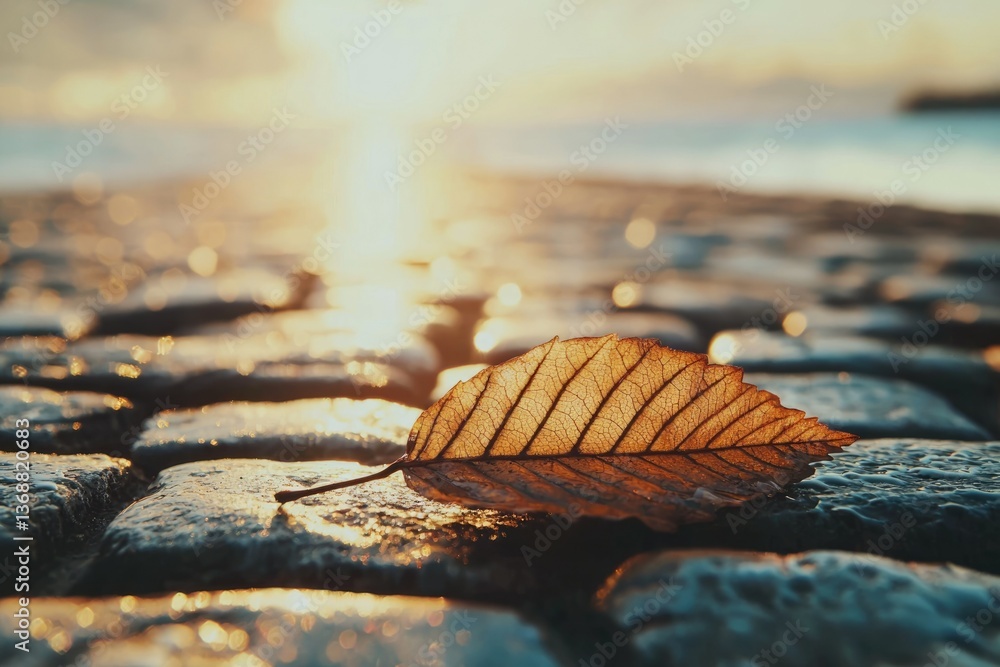 Poster a single leaf rests on a wet cobblestone path as the sun sets over the water, creating a bokeh effec