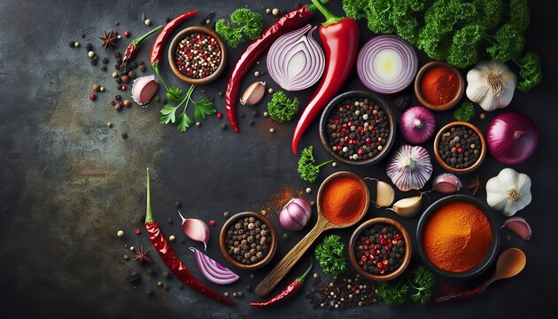 A vibrant display of various spices and ingredients artfully arranged against a contrasting background, ideal for culinary stock photography.
