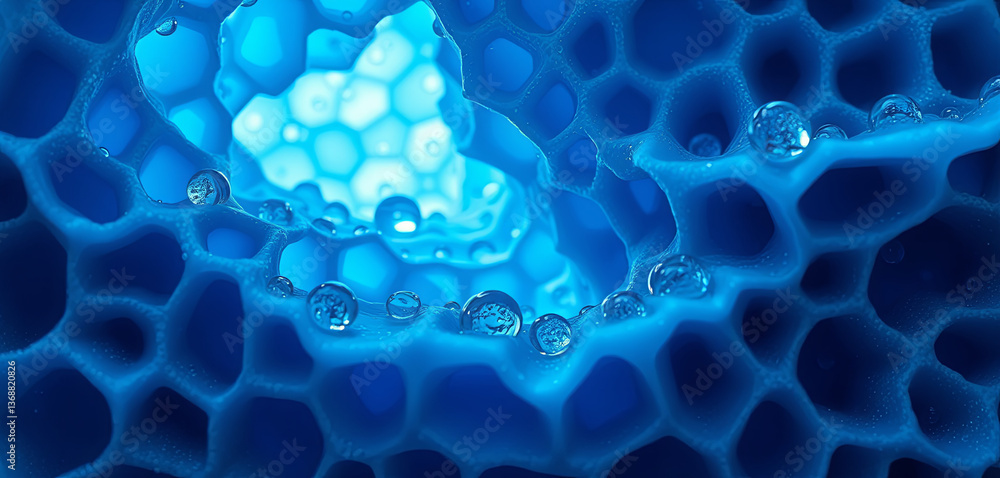 Poster close-up view reveals blue droplets resting on a honeycomb surface, showcasing detailed patterns and