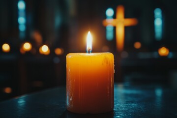 Single burning candle provides light in a dark church with a cross visible through a window in the background