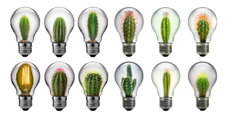 Creative Light Bulbs with Cactus Plants Inside for Nature Art, PNG bundle collection, Isolated on Transparent Background