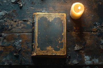 Antique book with gold decorations lying on a burnt wooden table illuminated by the warm glow of a candle
