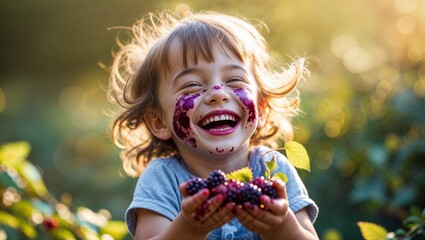 Happy child with painted face holding berries in hands, smiling in sunny garden