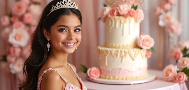 Smiling latin girl poses at quinceanera party. Birthday cake, dressed in gown, tiara. Young woman celebrates festive occasion, surrounded by flowers, decorations. Happy, elegant portrait captures joy