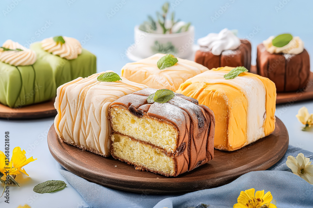 Poster plate of assorted cakes with a green leaf on top. the cakes are arranged on a wooden board and are c