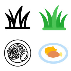 Lawn Grass, Plate with French Fries and Chicken Schnitzel – Line Icon & Color Icon Set