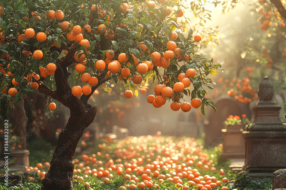 Aufkleber tree with many oranges hanging from it. the oranges are scattered all over the ground