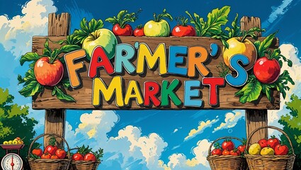 Colorful farmer's market sign with fresh fruits and blue sky