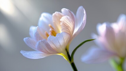 Delicate, pale pink crocus bathed in soft light, detail and beauty