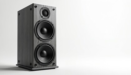 Obraz premium Black audio speaker on white background. Modern music tech equipment. Loudspeaker delivers powerful sound. Sound system for home pro studio. For party, concert, stage listening music at home. High