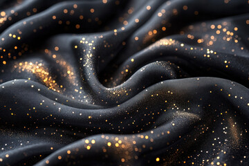 Obraz premium A luxurious, black satin fabric is draped dramatically, revealing a shimmering, golden texture resembling scattered star points.