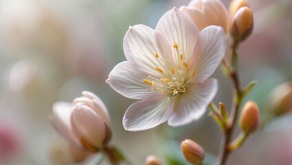 Fototapeta premium Delicate pale pink flower with a soft, blurred background. Blossoms and buds in close-up