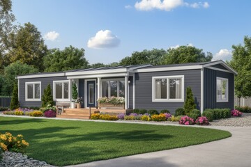 A modern mobile home with gray-colored vinyl siding.