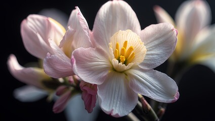Fototapeta premium Delicate, pale pink flower with yellow center, soft petals against black backdrop