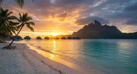 A breathtaking Bora Bora sunset paints the sky in fiery hues, casting a golden glow on the tranquil turquoise waters and overwater bungalows, creating a scene of ultimate serenity.