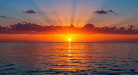 Obraz premium A breathtaking ocean sunset paints the sky with fiery oranges and vibrant reds, casting long sun rays across the tranquil water; a serene and awe-inspiring natural masterpiece.