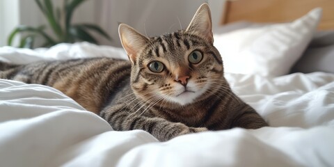 Relaxed tabby cat lounging comfortably on a bed in natural light during the day