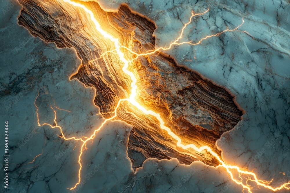 Poster golden lightning streaks across a rocky canyon, illuminating textured stone in a display of elementa