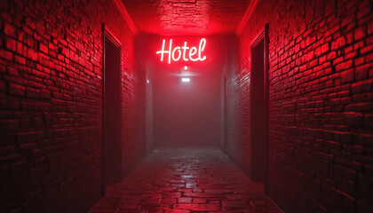 Dimly lit hotel corridor with red neon Hotel sign. Moody atmosphere, brick walls, adds mystery. Night, urban setting, evokes intrigue. Perfect for mystery, thriller, crime genres.