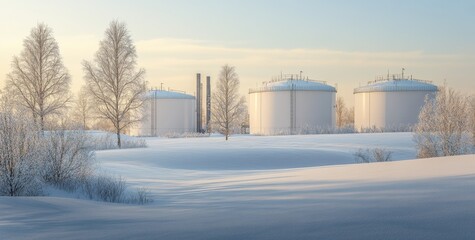 Obraz premium White storage tanks for oil and gas in winter.