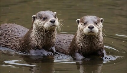 Fototapeta premium Two Cute River Otters Swimming Together in Brown Water Looking Curious