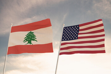 Relations between the countries of the United States of America USA and LEBANON represented by the concept of two flags waving against a cloudy sky.3d render.