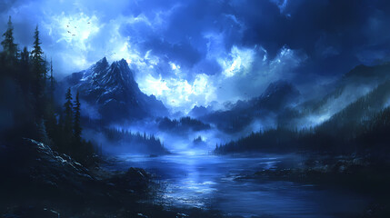 Shimmering sapphire mist envelops the landscape in mystery, eerie ambiance, mist, mystical. Sapphire Mist. Illustration