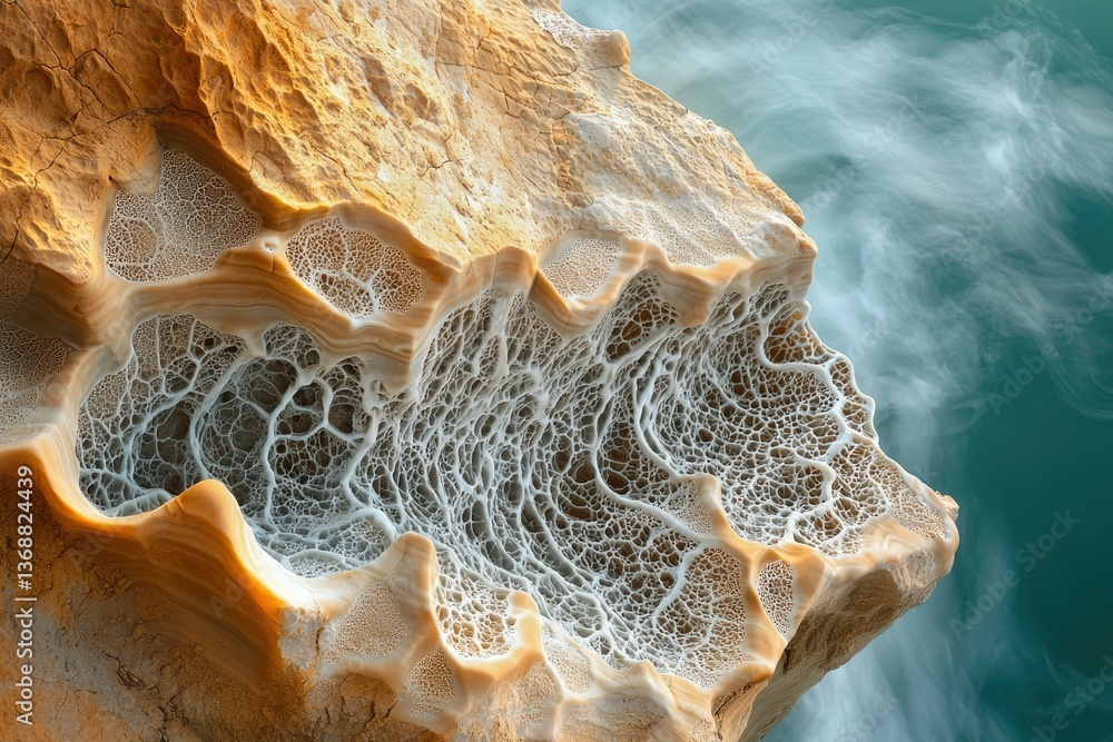 Poster a textured rock formation eroded to form a complex web-like structure next to the blurred ocean wate