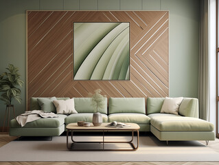 Modern living room interior with natural wood color geometric wall panelling and interior decor and furniture in neutral and sage. Wall panels in modern living room with couch and large artwork