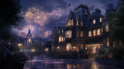 Naklejka premium Grand mansion illuminated at night with fireworks exploding in the sky.