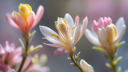 Obraz premium Delicate, pastel-toned flowers in full bloom, soft focus background