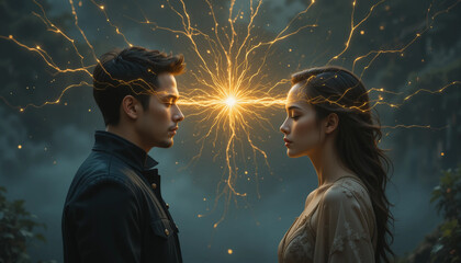 Woman and man in telepathic mental connection - Generative AI